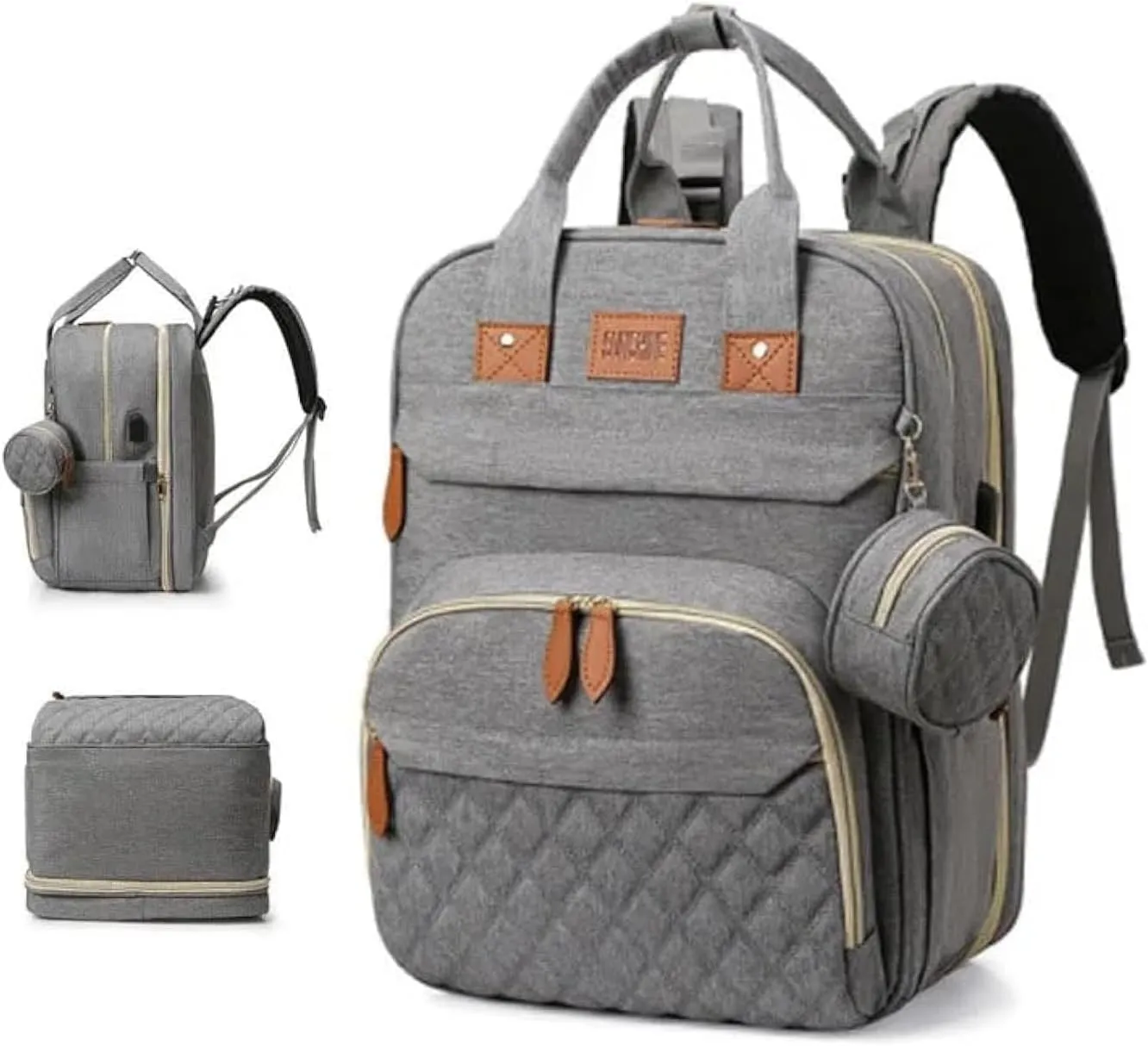 Baby Diaper Bag Multi function waterproof, travel essential with changing pad, stroller straps & pacifier case, unisex Grey