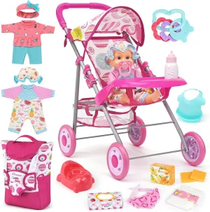 Baby Doll Stroller Set with 12.5" Doll, Baby Dining Table, Backpack with Carrier, 21 PCS Baby Doll Accessories Stroller Toys, 2 Sets Doll Clothes, Feeding Set Girls Toddlers Gifts for Pretend Play