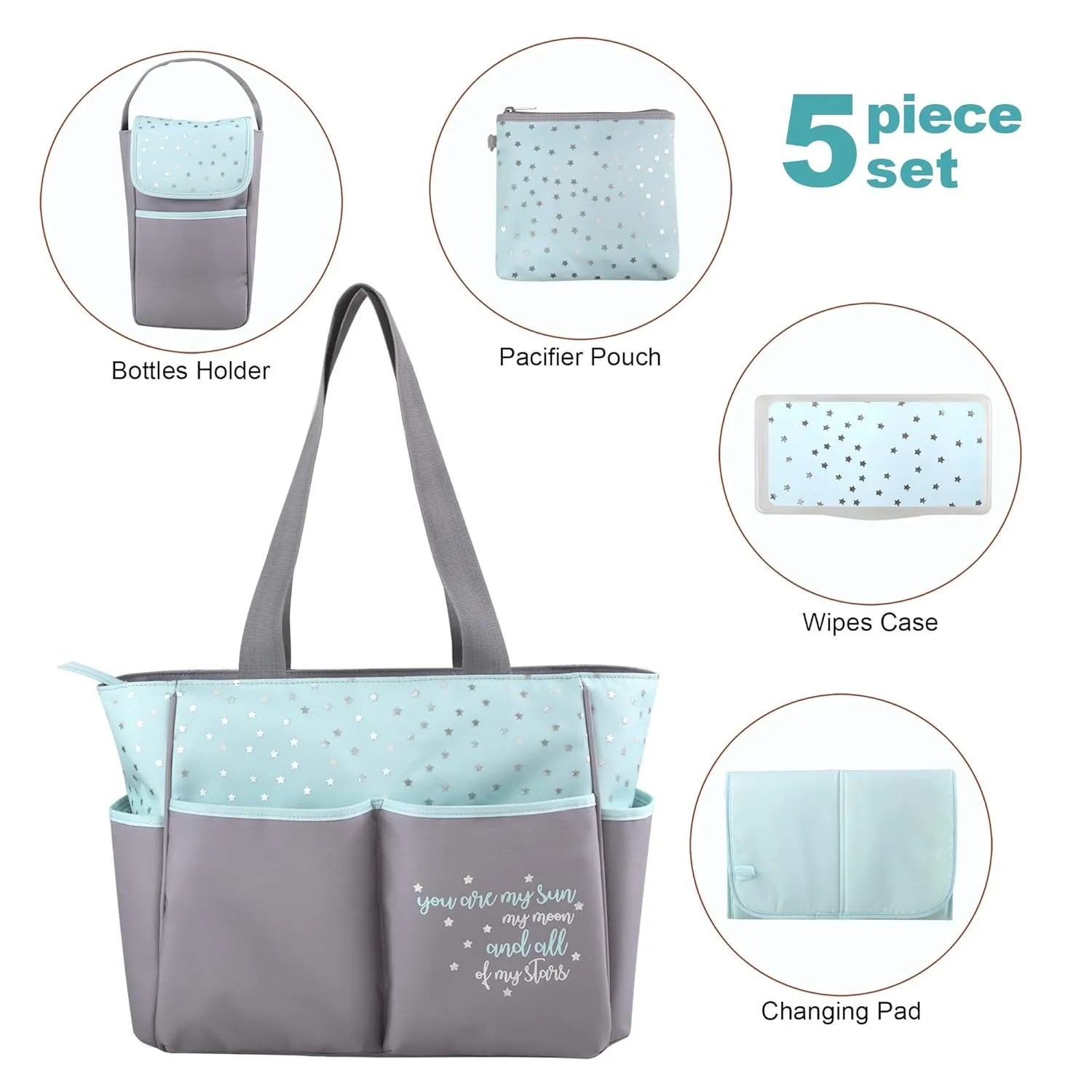 Baby Essentials Diaper Bag Tote 5 Piece Set with Sun, Moon, and Stars, Wipes Pocket, Dirty Diaper Pouch, Changing Pad (Grey/Aqua)