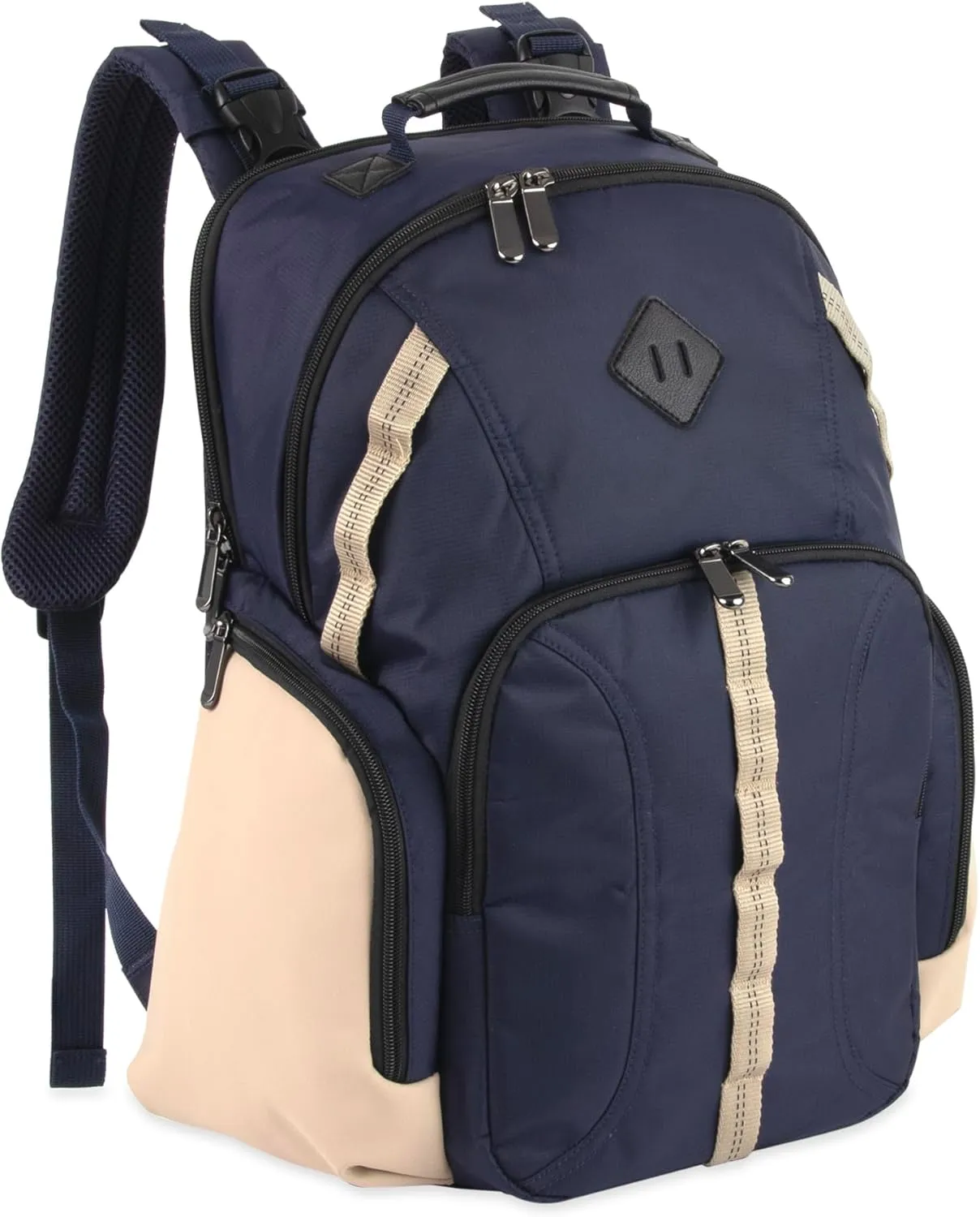 Baby Essentials Super Cooler Two Compartment Diaper Bag Backpack with Changing Pad, Stroller Straps, Insulated Bottle Compartment (Navy/Tan)