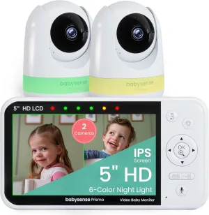 Babysense Prisma Baby Monitor with Camera and Audio, 5” HD Video Baby Monitor with 2 Cameras, 6-Color Night Light, Split Screen, Sound Machine with White Noise & Lullabies, Secure No WiFi