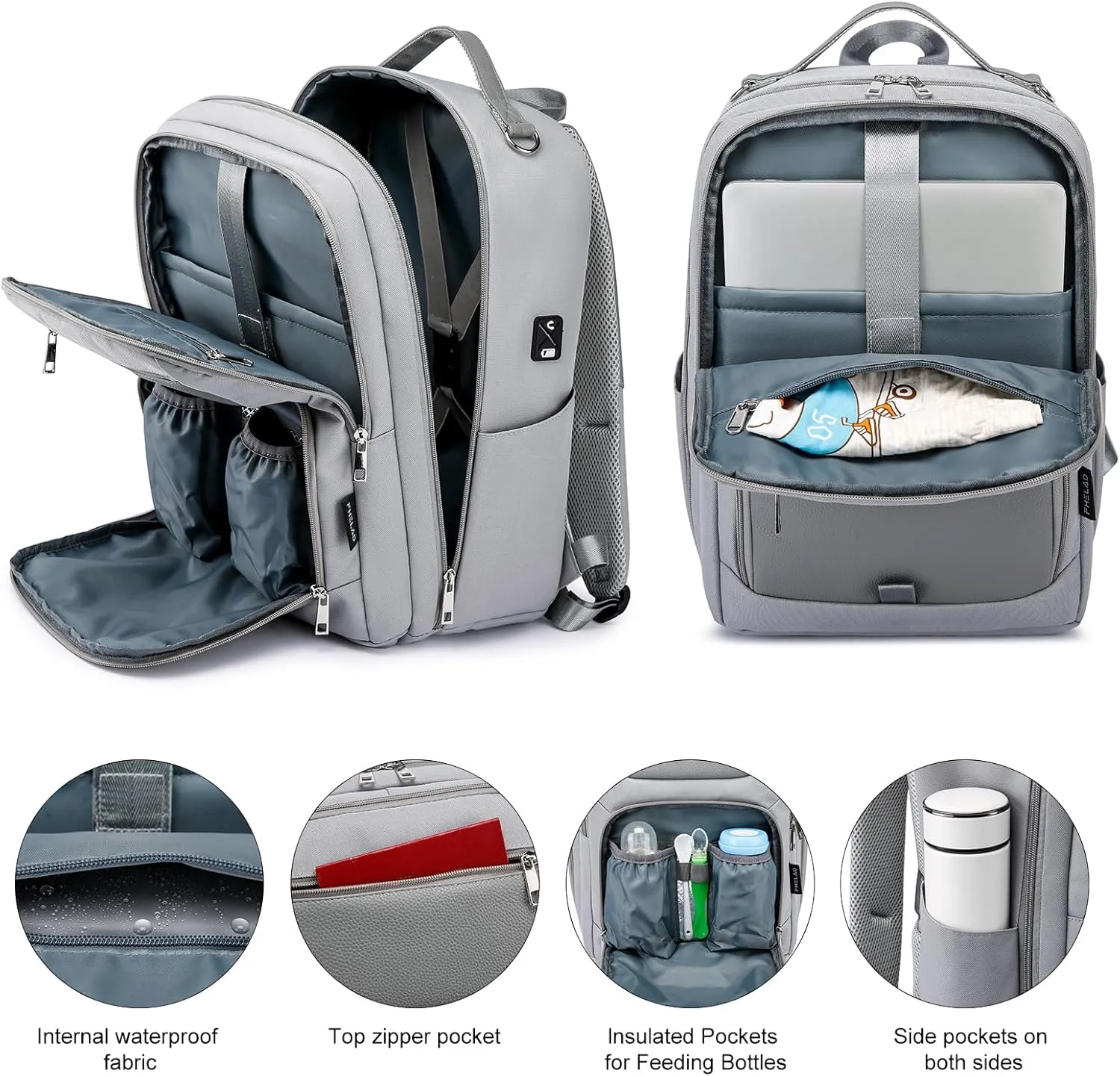 Backpack Diaper Bag with Laptop Compartment 16", Large Capacity, Multifunctional Waterproof Bags for Women Men Maternity Diaper Bag for Boys, Flight Approved, Grey