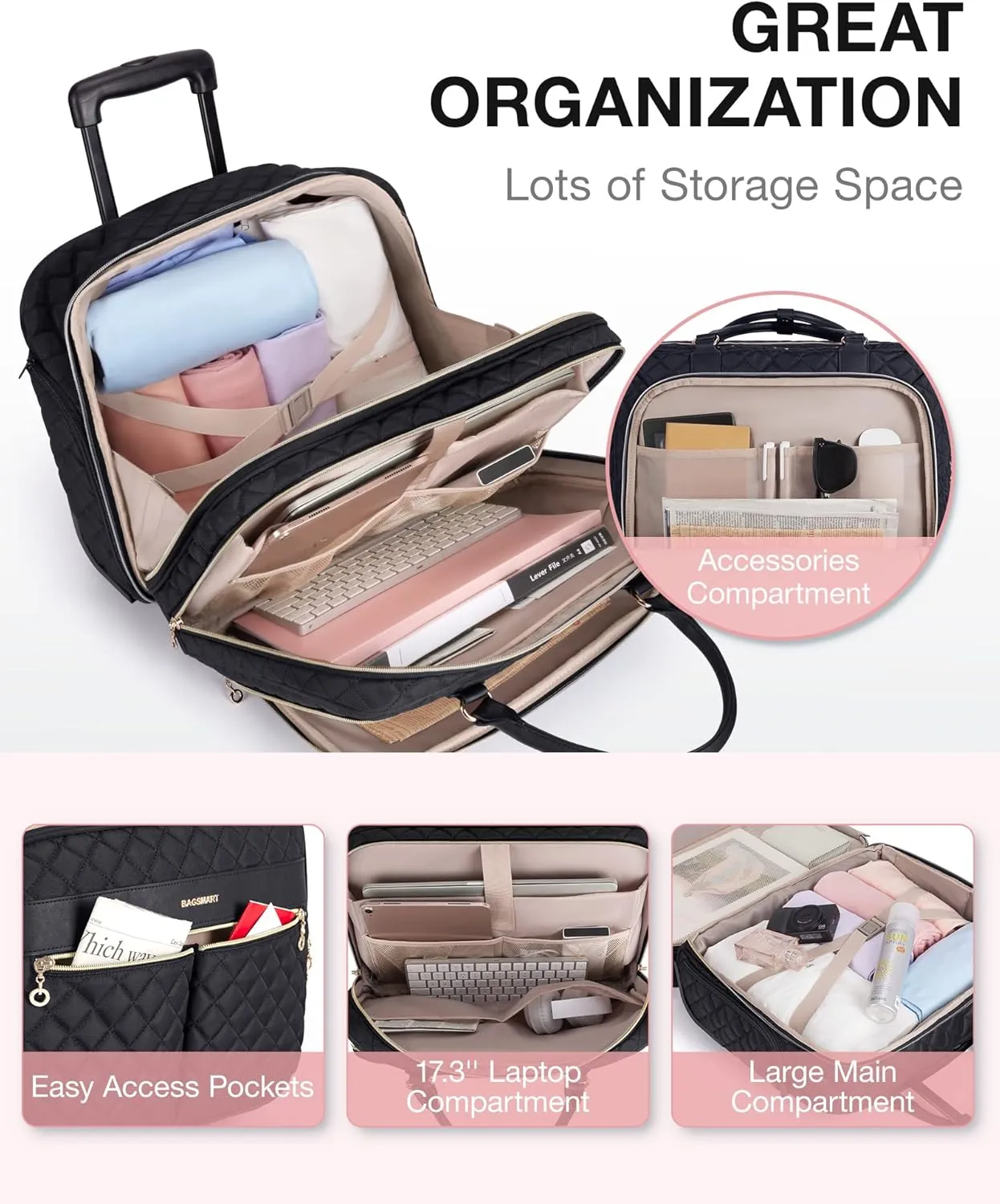 BAGSMART Rolling Laptop Bag Women, Briefcase for 17.3 Inch with Wheels Computer Case Work Travel Business