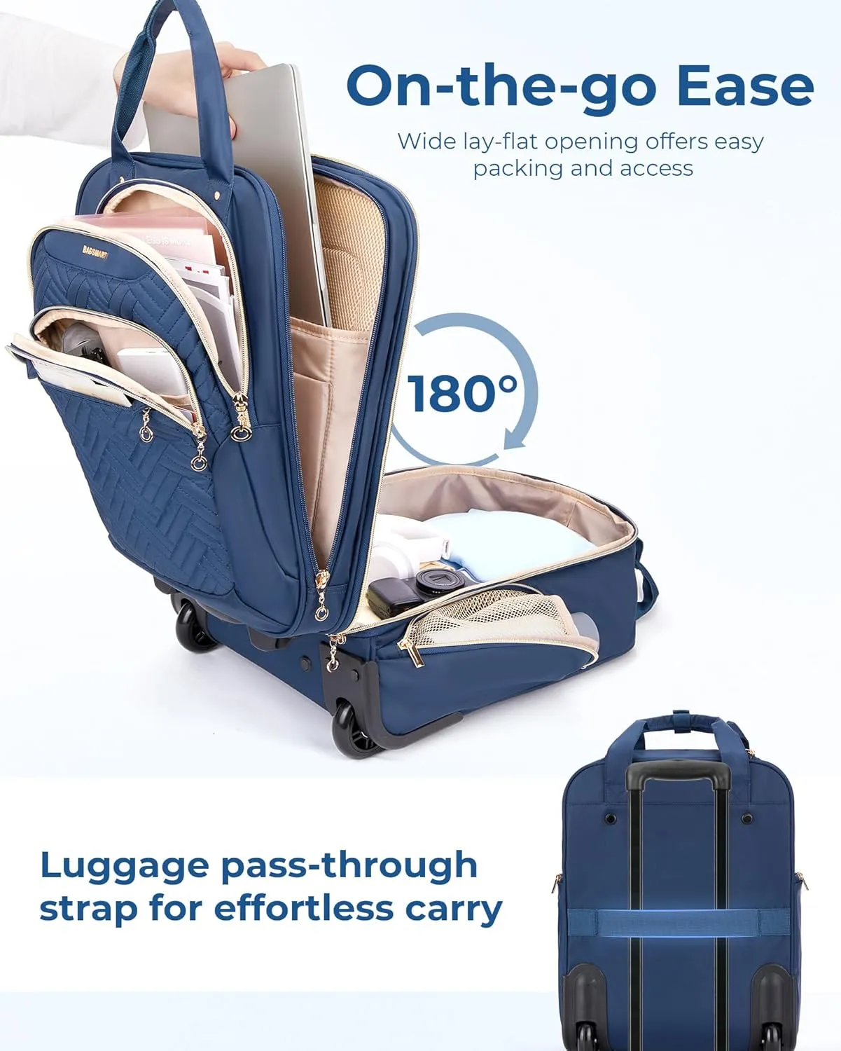 BAGSMART Underseat Carry On Luggage Airline approved,16-inch Small Underseater Softside Travel Suitcase with Wheels Lightweight Overnight Rolling Carry-on Luggage for Women Men Weekender,Dark Blue