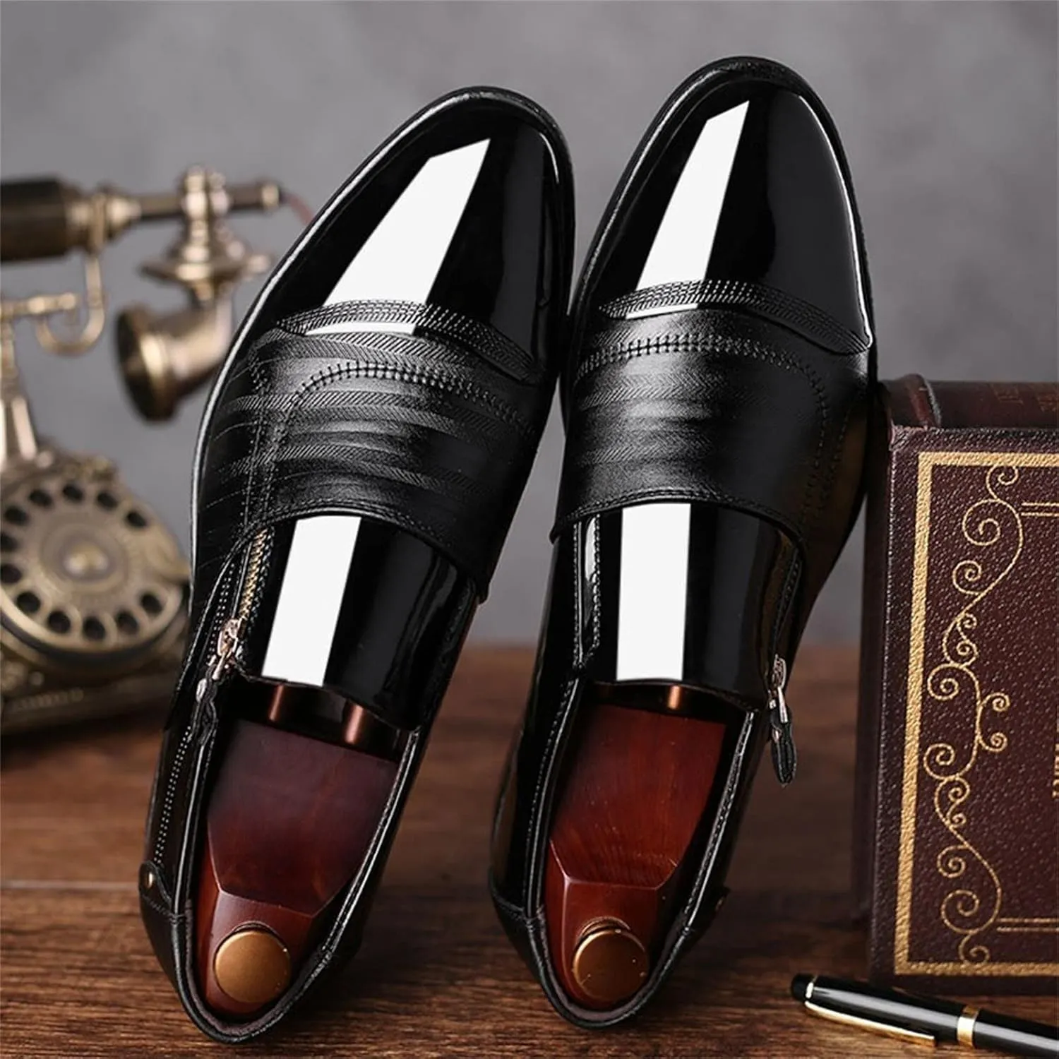 Bamboo Store Mens Slip on Shoes Casual Leather Classical Style Men's Breathable Hollow Business Leather Running Shoes Mens (Black, 9)