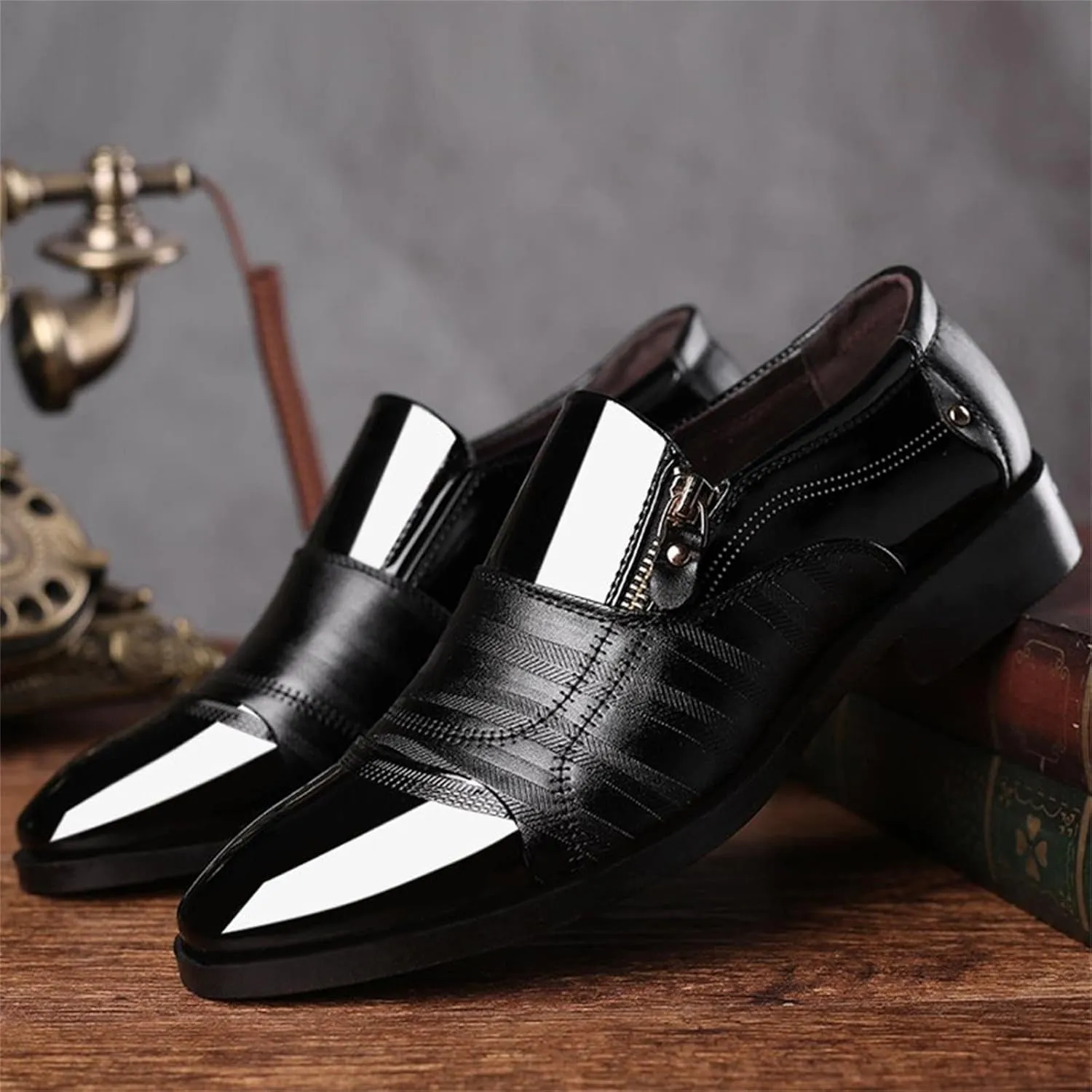 Bamboo Store Mens Slip on Shoes Casual Leather Classical Style Men's Breathable Hollow Business Leather Running Shoes Mens (Black, 9)
