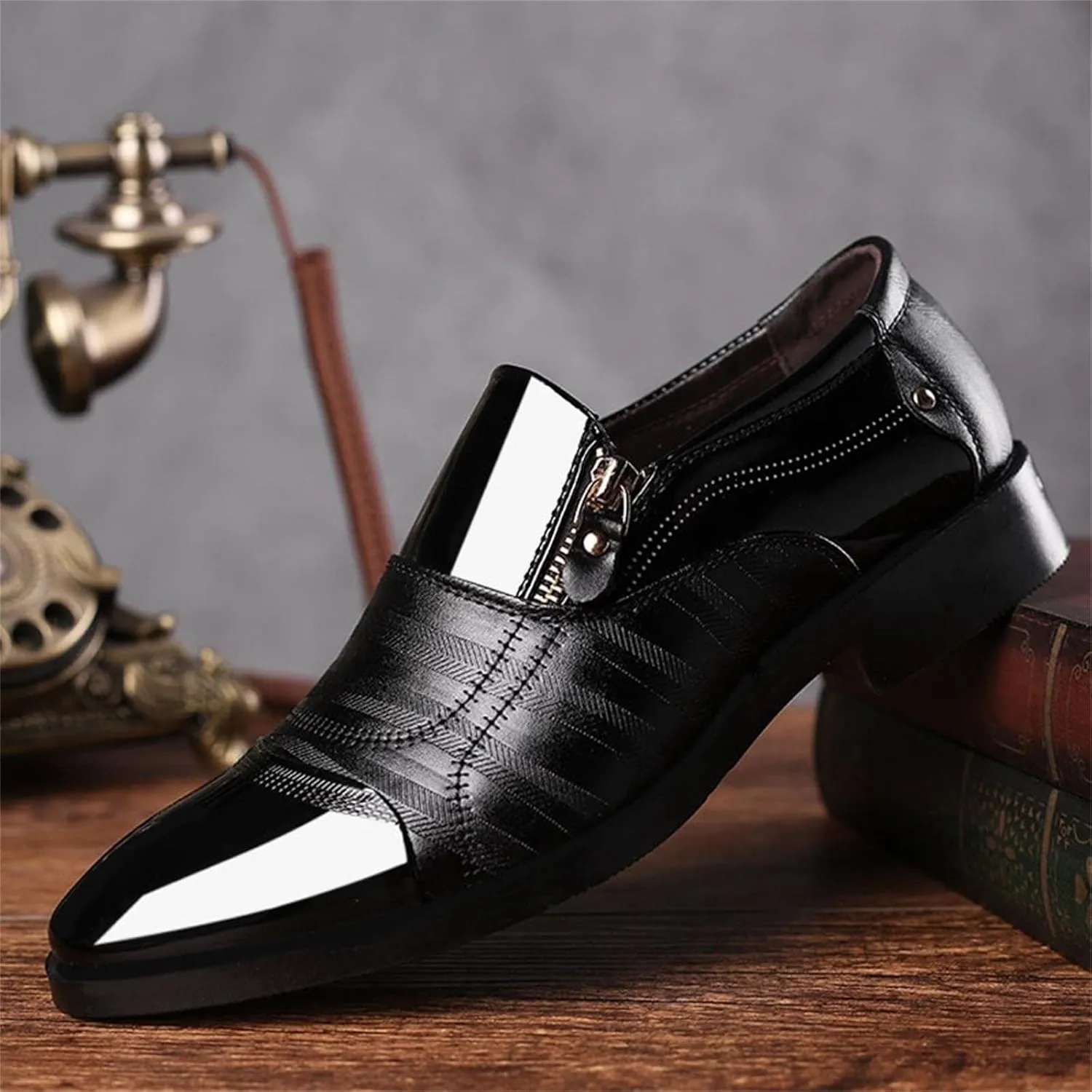 Bamboo Store Mens Slip on Shoes Casual Leather Classical Style Men's Breathable Hollow Business Leather Running Shoes Mens (Black, 9)