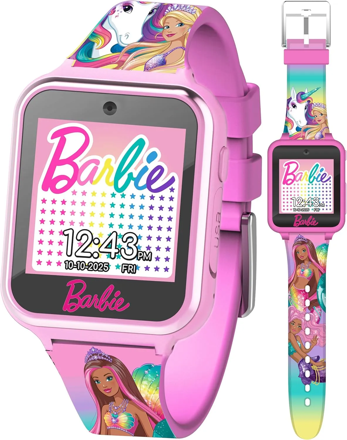 Barbie Kids Smartwatch - Interactive Fun with 10 Watch Faces, Camera, Games, Alarm, Step Tracker & More - Stylish Gift for Girls with Printed Unicorn & Mermaid Straps - Fits Wrists 5.5'' to 8.0"