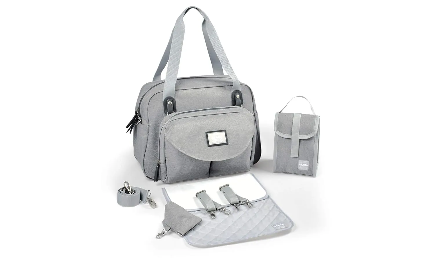 Beaba Geneva Diaper Bag, Multifunction Baby Diaper Bag, Includes Removable Strap for Stroller, Changing Pad, and Insulated Pouch, (Grey)