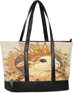 Beautiful Hand Painted Bunny Laptop Tote Bag for Women Lightweight Work Purse with Multiple Compartments Fits 13-15.6 Inch Laptop Tablet Shoulder Bag for Office Travel Daily Use