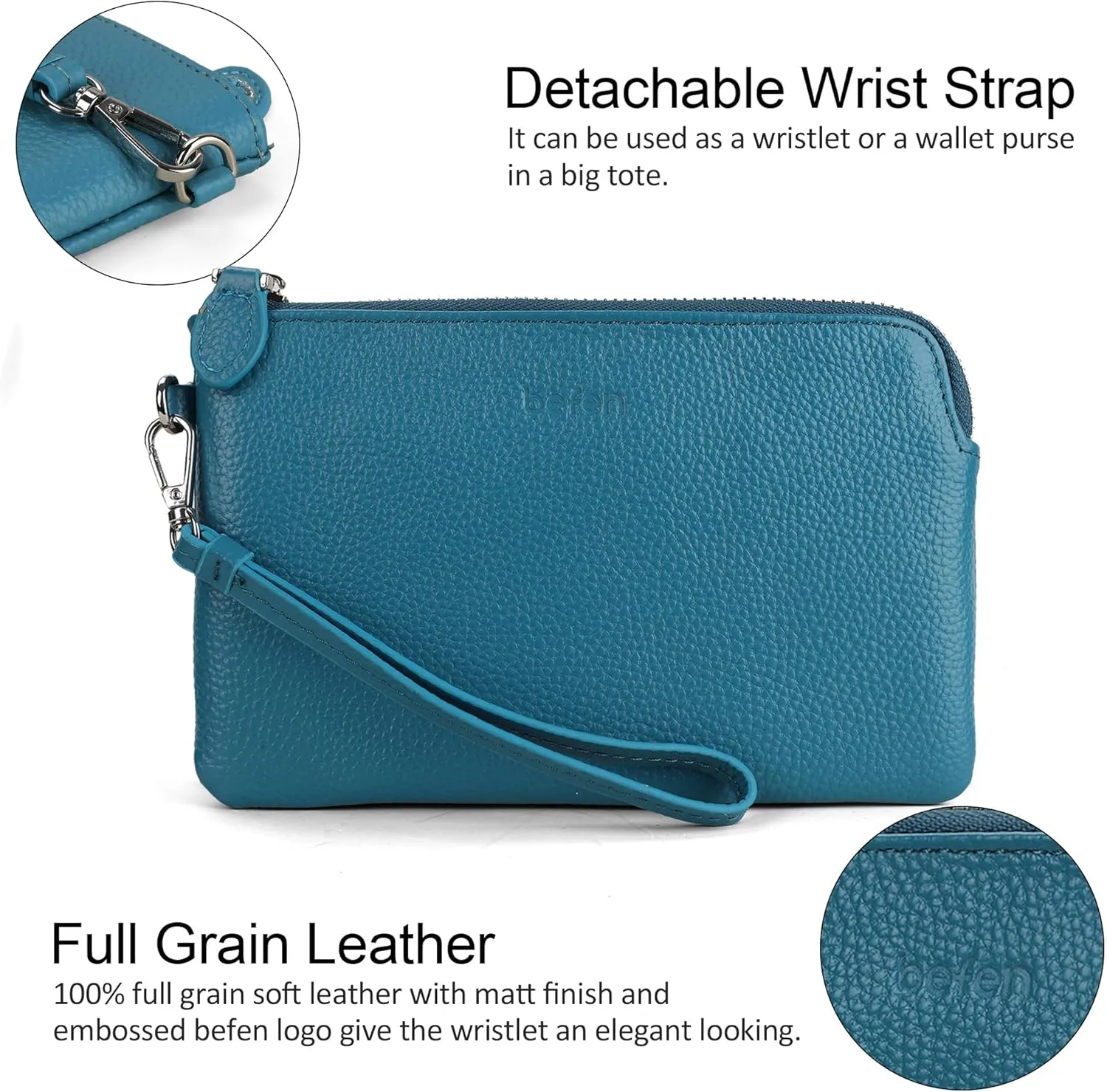 befen Women's Genuine Italian Leather Wristlet Clutch Wallet Purse, Gold Zipper