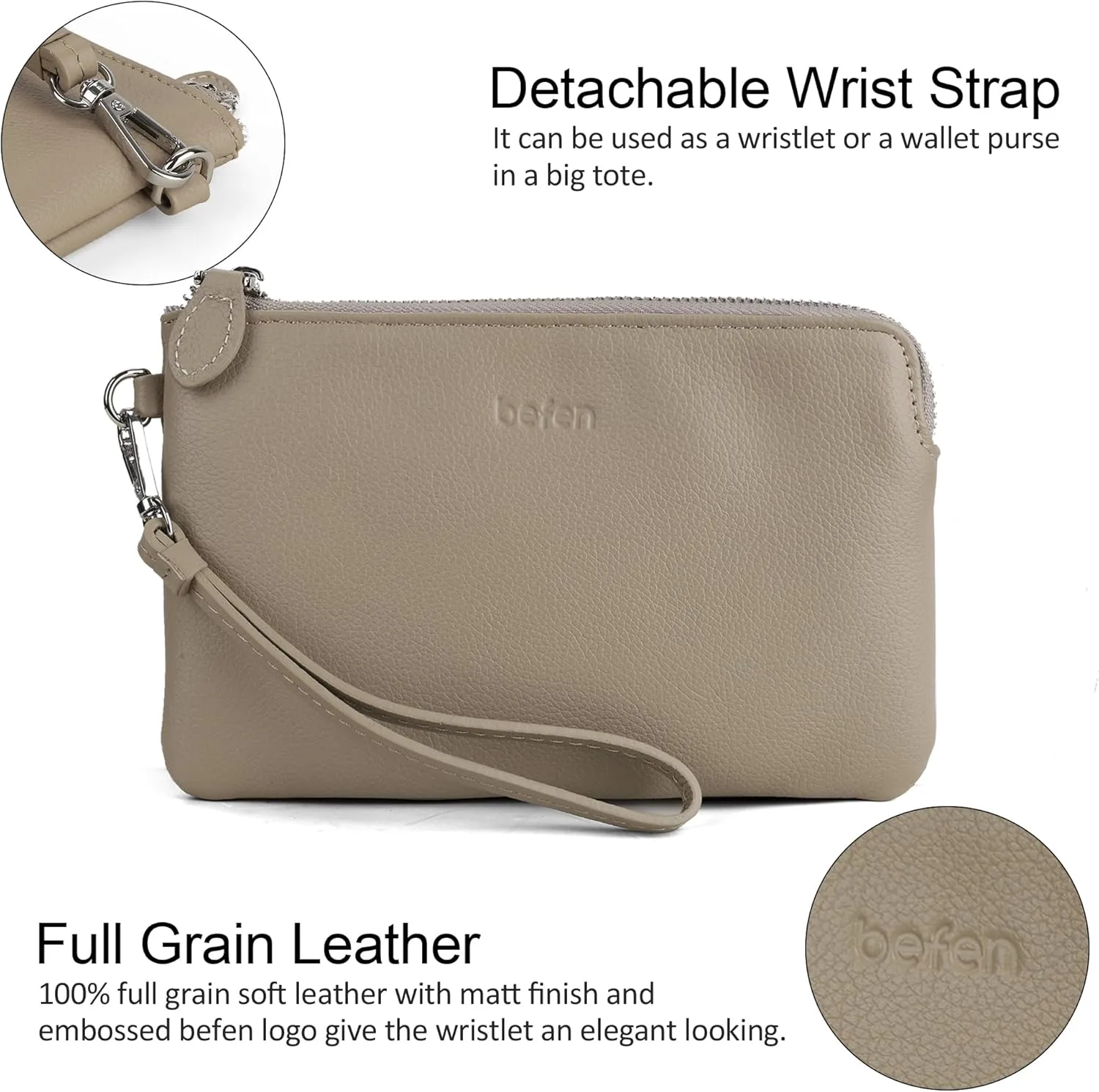 befen Women's Genuine Leather Wristlet Clutch Purse Ladies Slim Corner Zip Wallets, Silver Zipper