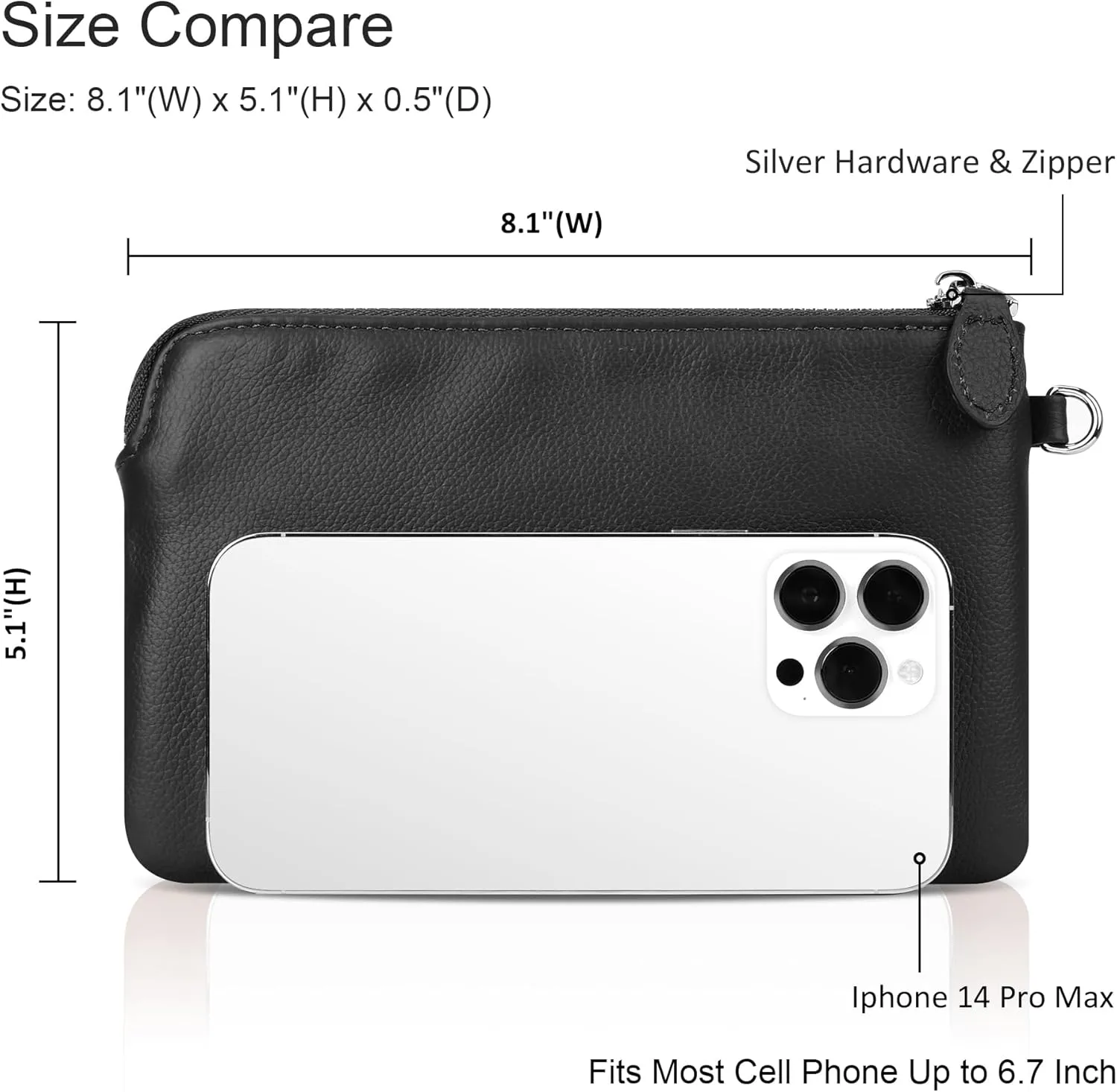 befen Women's Genuine Leather Wristlet Clutch Purse Ladies Slim Corner Zip Wallets, Silver Zipper
