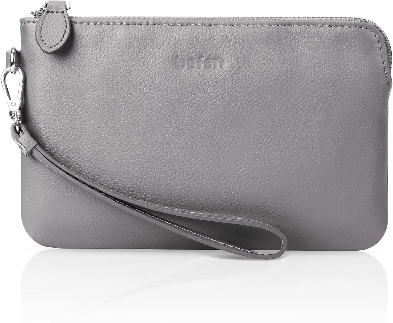 befen Women's Genuine Leather Wristlet Clutch Purse Ladies Slim Corner Zip Wallets, Silver Zipper