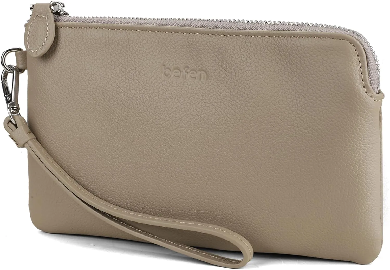 befen Women's Genuine Leather Wristlet Clutch Purse Ladies Slim Corner Zip Wallets, Silver Zipper