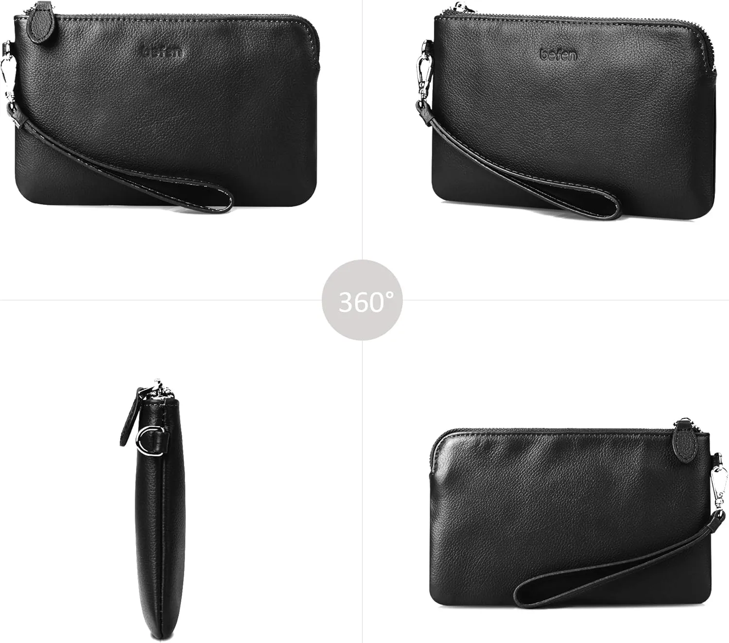 befen Women's Genuine Leather Wristlet Clutch Purse Ladies Slim Corner Zip Wallets, Silver Zipper