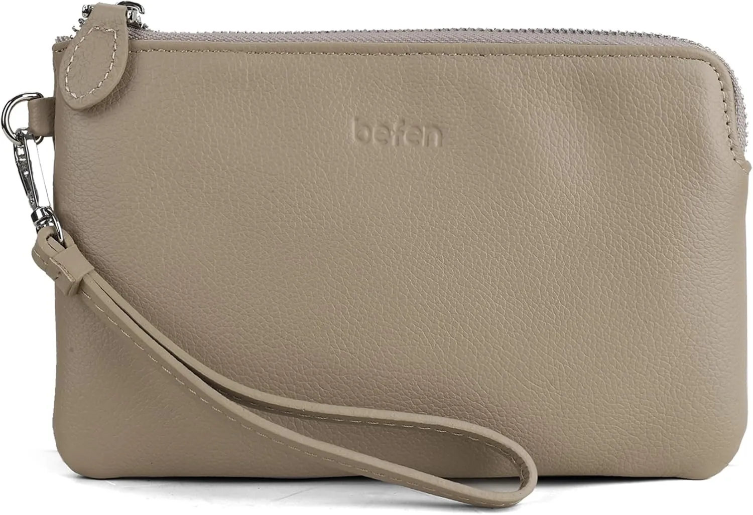 befen Women's Genuine Leather Wristlet Clutch Purse Ladies Slim Corner Zip Wallets, Silver Zipper