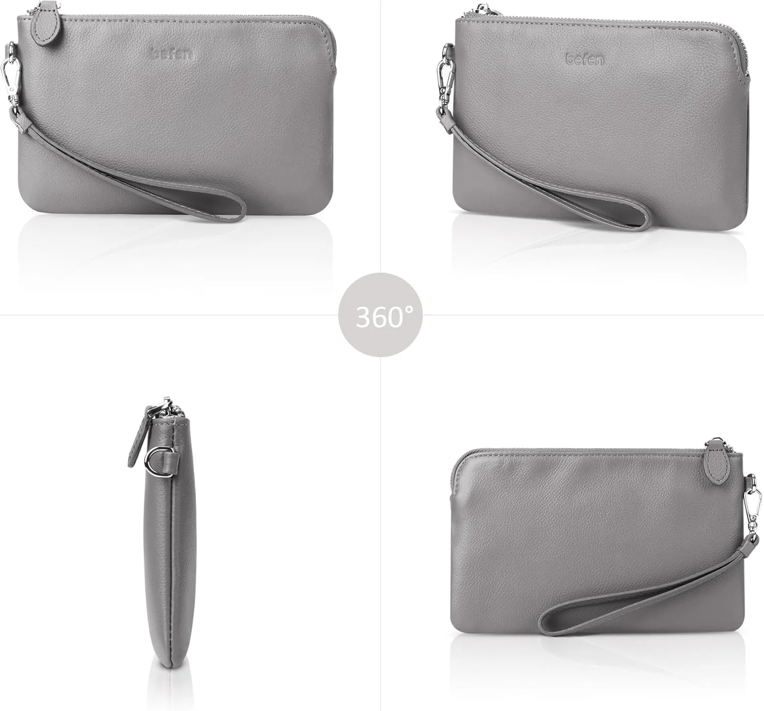 befen Women's Genuine Leather Wristlet Clutch Purse Ladies Slim Corner Zip Wallets, Silver Zipper