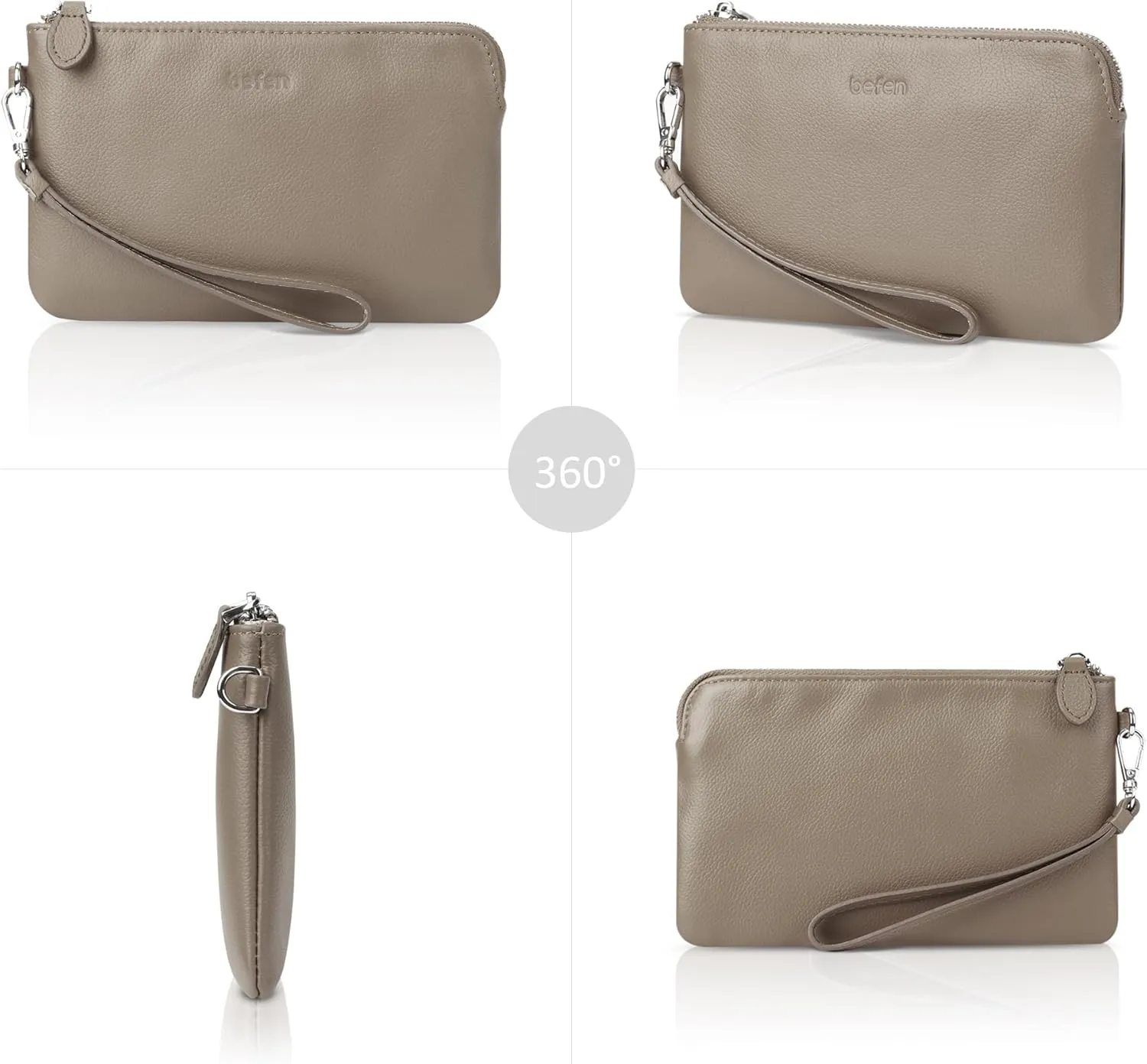 befen Women's Genuine Leather Wristlet Clutch Purse Ladies Slim Corner Zip Wallets, Silver Zipper