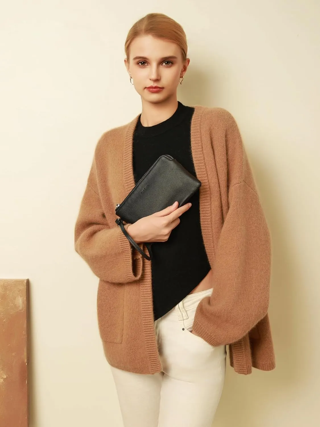 befen Women's Genuine Leather Wristlet Clutch Purse Ladies Slim Corner Zip Wallets, Silver Zipper