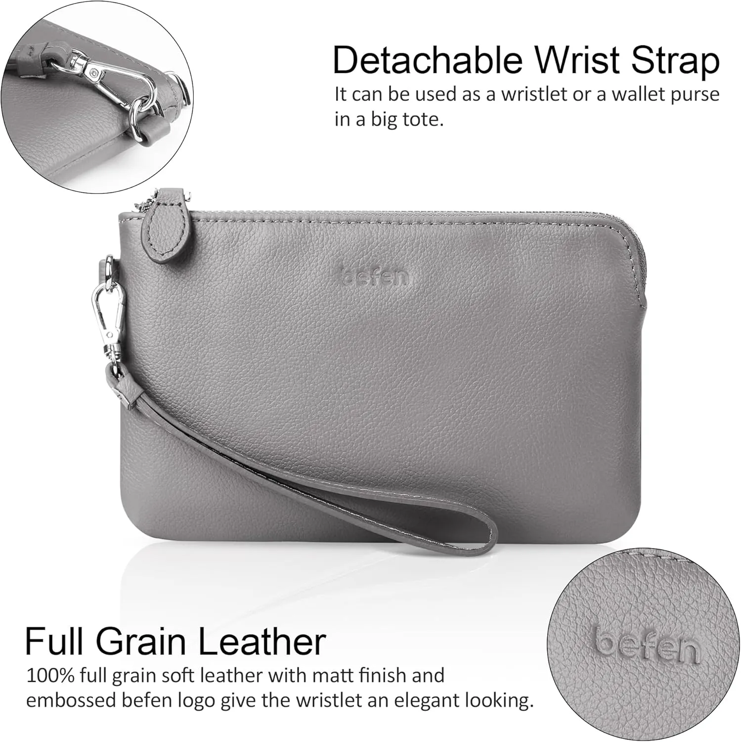 befen Women's Genuine Leather Wristlet Clutch Purse Ladies Slim Corner Zip Wallets, Silver Zipper