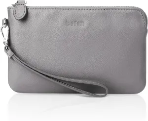 befen Women's Genuine Leather Wristlet Clutch Purse Ladies Slim Corner Zip Wallets, Silver Zipper