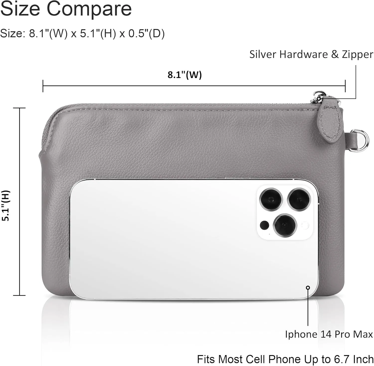 befen Women's Genuine Leather Wristlet Clutch Purse Ladies Slim Corner Zip Wallets, Silver Zipper