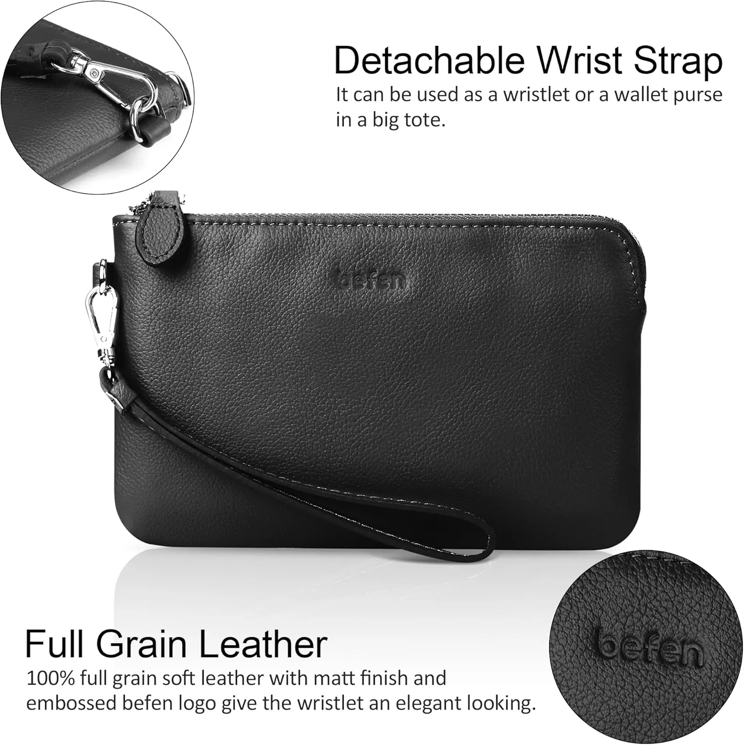 befen Women's Genuine Leather Wristlet Clutch Purse Ladies Slim Corner Zip Wallets, Silver Zipper