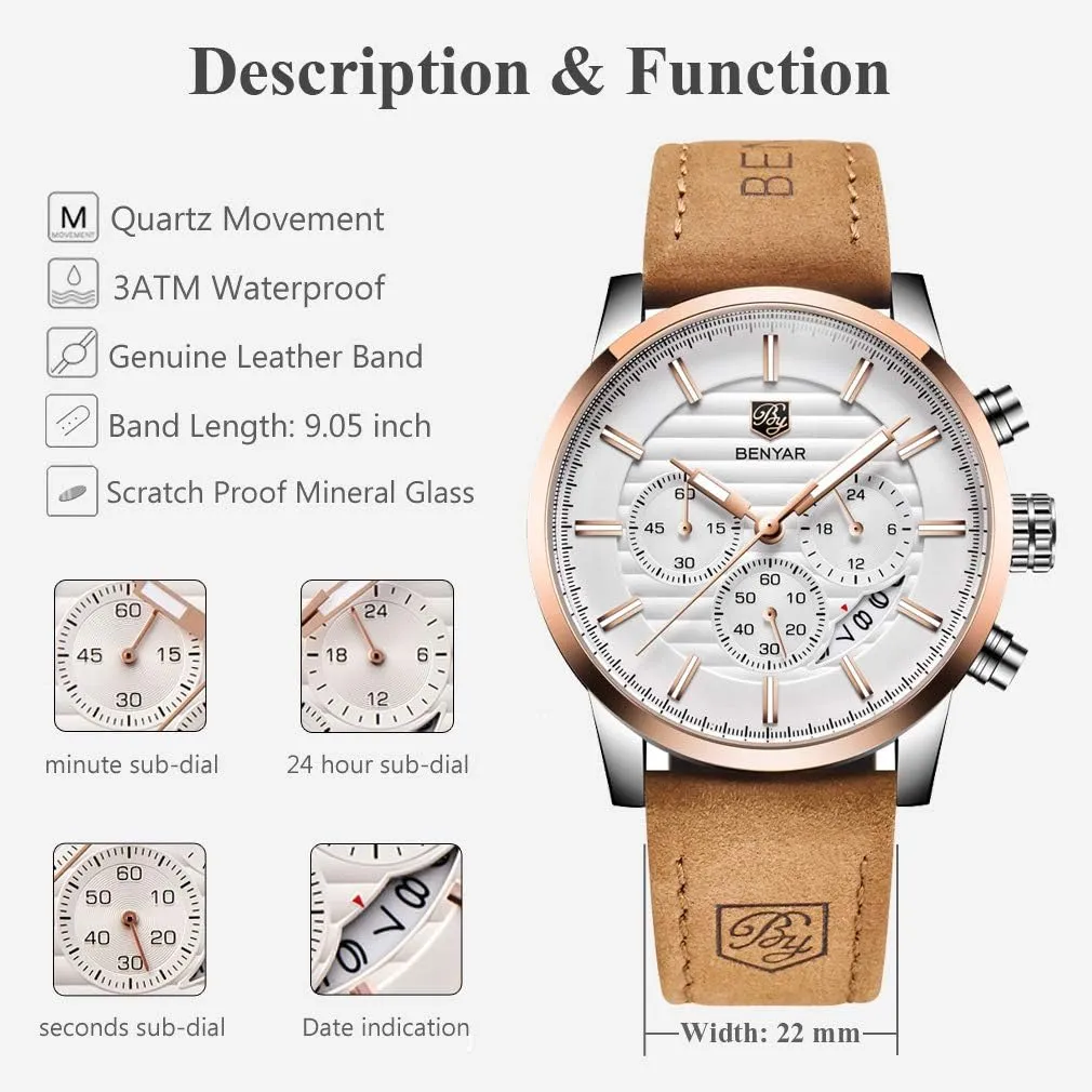 BENYAR Quartz Chronograph Waterproof Watches Business and Sport Design Leather Band Strap Wrist Watch for Men