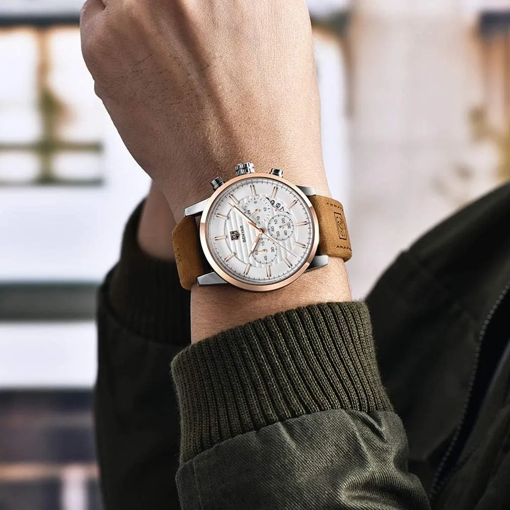BENYAR Quartz Chronograph Waterproof Watches Business and Sport Design Leather Band Strap Wrist Watch for Men