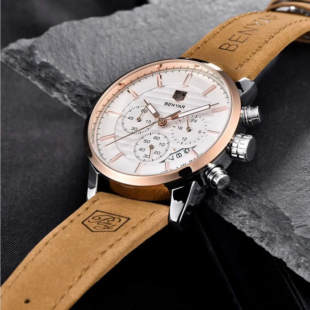 BENYAR Quartz Chronograph Waterproof Watches Business and Sport Design Leather Band Strap Wrist Watch for Men