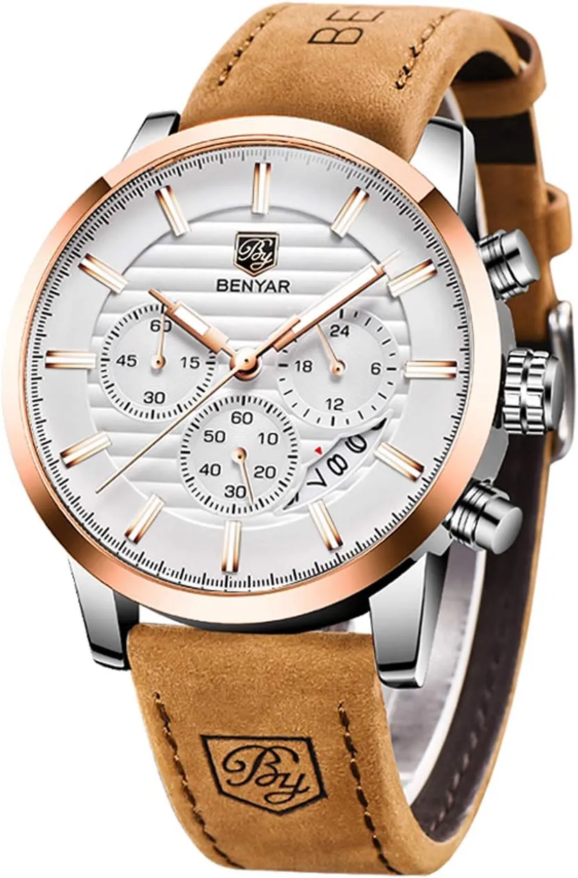 BENYAR Quartz Chronograph Waterproof Watches Business and Sport Design Leather Band Strap Wrist Watch for Men