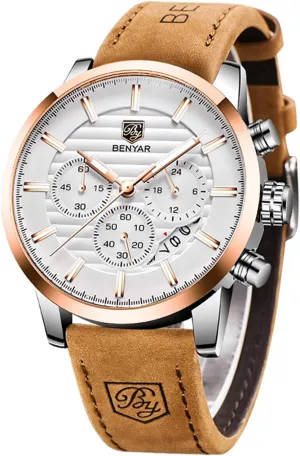 BENYAR Quartz Chronograph Waterproof Watches Business and Sport Design Leather Band Strap Wrist Watch for Men