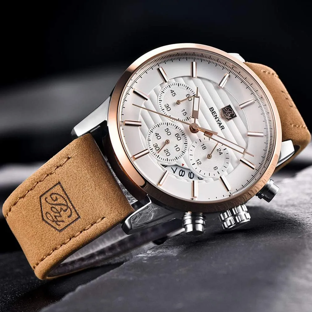 BENYAR Quartz Chronograph Waterproof Watches Business and Sport Design Leather Band Strap Wrist Watch for Men