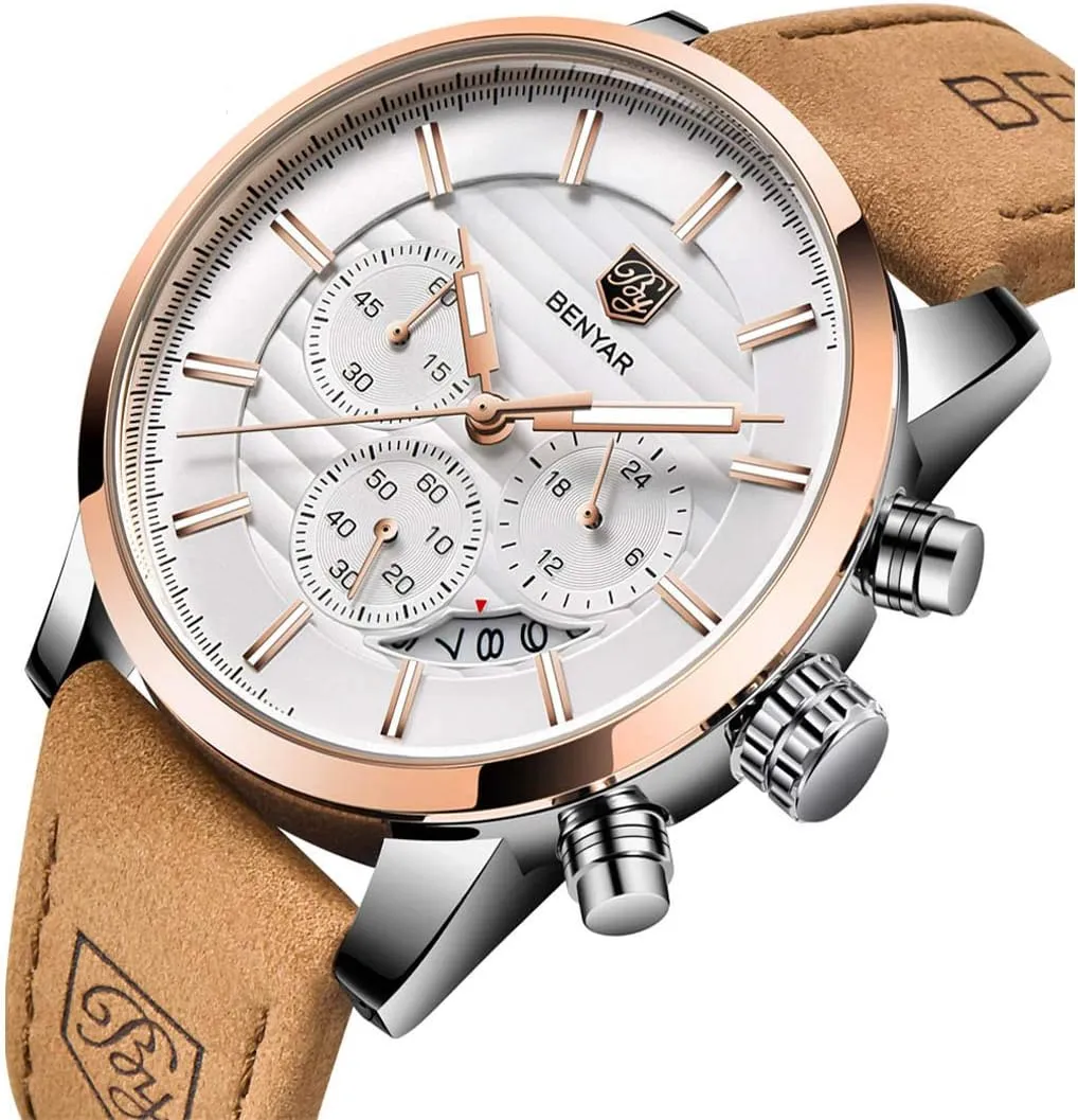 BENYAR Quartz Chronograph Waterproof Watches Business and Sport Design Leather Band Strap Wrist Watch for Men