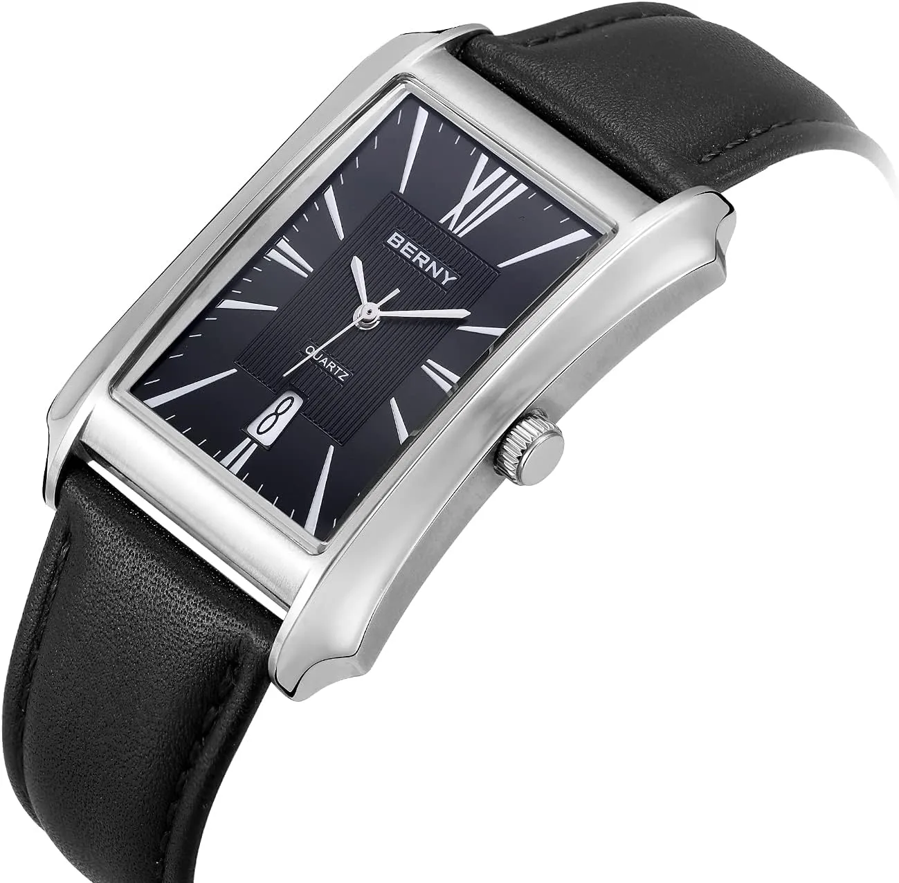 BERNY Mens Business Casual Quartz Watches Stainless Steel Case with Leather Strap Rectangular Watches for Men (Black, White, Grey, Rose Gold)
