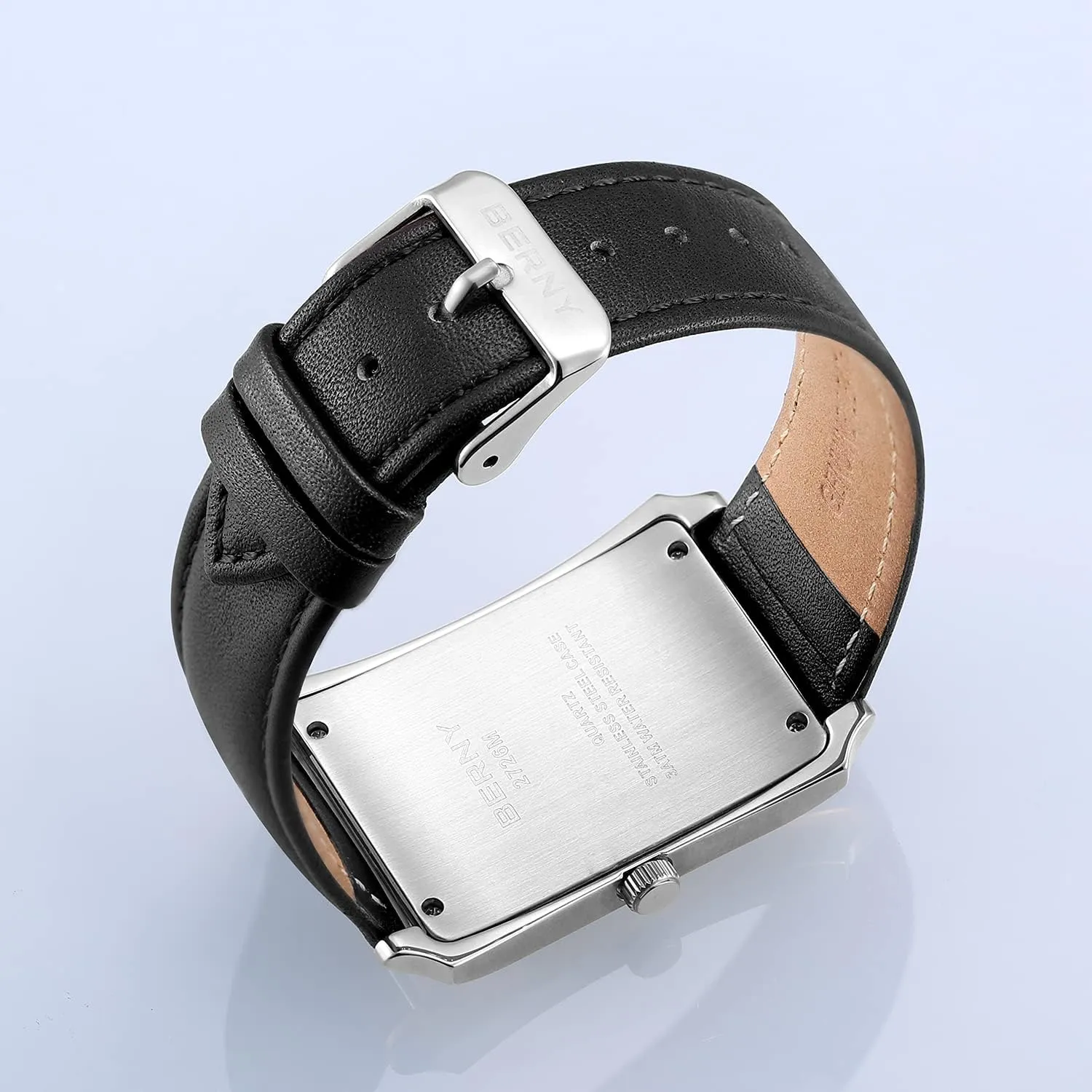 BERNY Mens Business Casual Quartz Watches Stainless Steel Case with Leather Strap Rectangular Watches for Men (Black, White, Grey, Rose Gold)