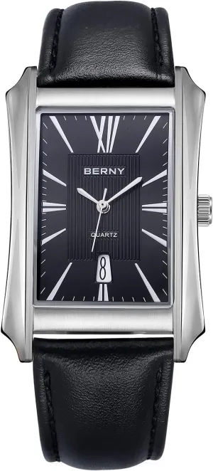 BERNY Mens Business Casual Quartz Watches Stainless Steel Case with Leather Strap Rectangular Watches for Men (Black, White, Grey, Rose Gold)