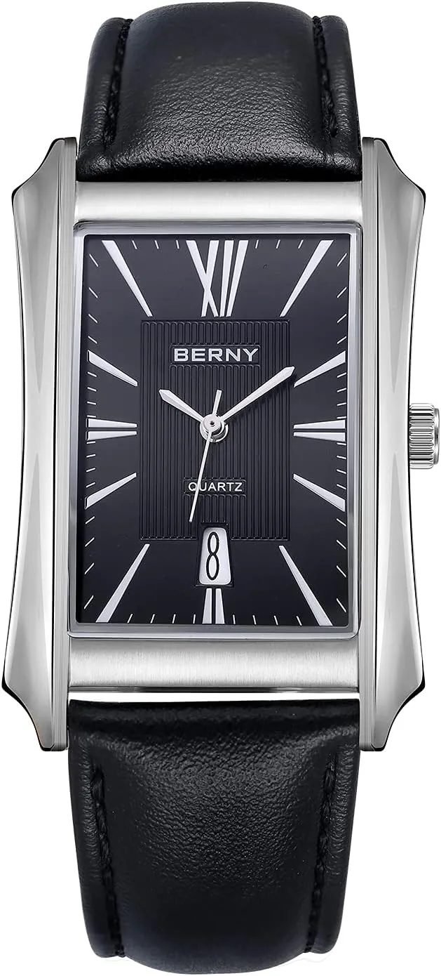 BERNY Mens Business Casual Quartz Watches Stainless Steel Case with Leather Strap Rectangular Watches for Men (Black, White, Grey, Rose Gold)
