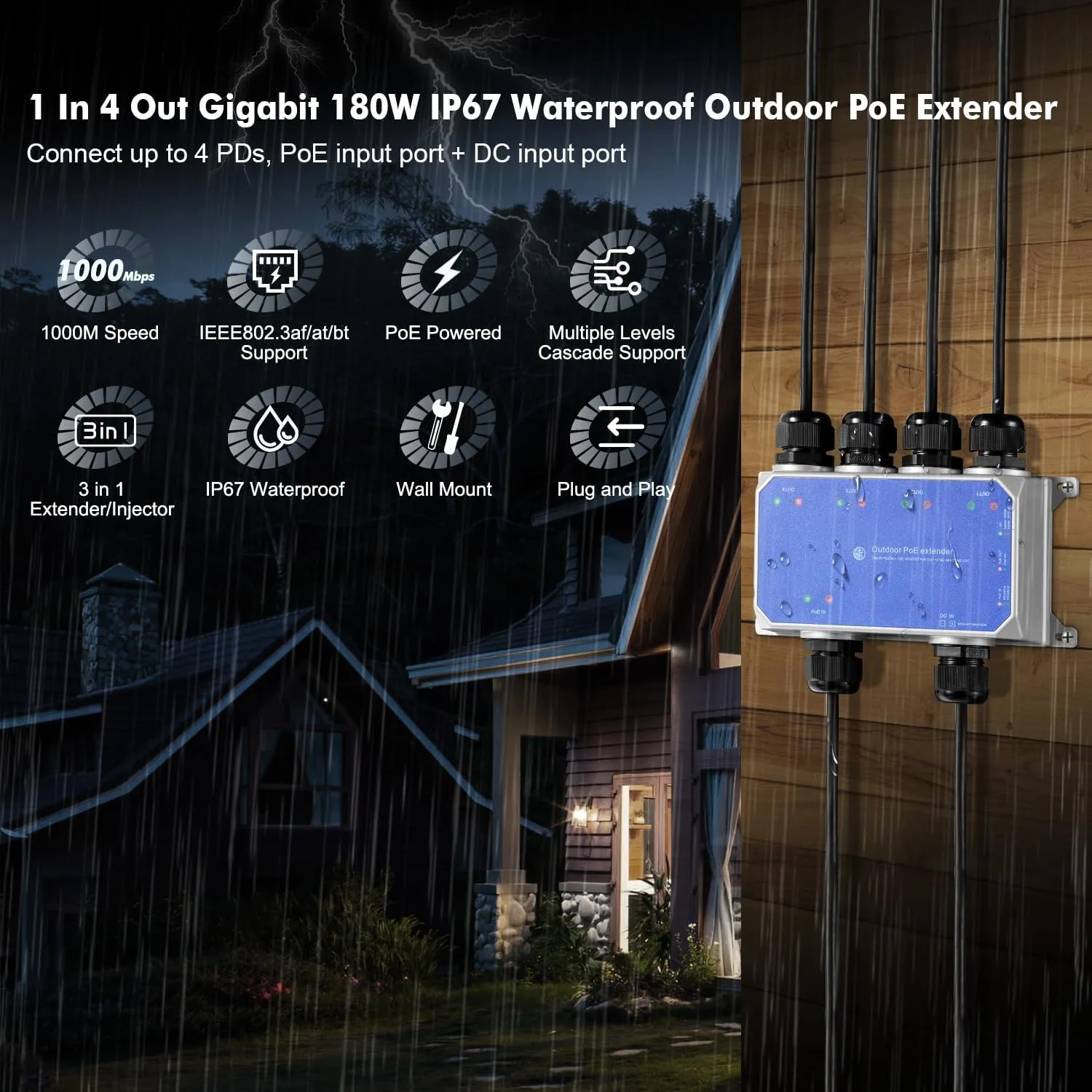 Binardat IP67 Outdoor Gigabit PoE Passthrough Switch, 1 PoE in 4 PoE Out Extender, IEEE802.3af/at/bt PoE Powered 90W, 10/100/1000Mbps Ethernet, Metal Wall Mount Waterproof Plug and Play