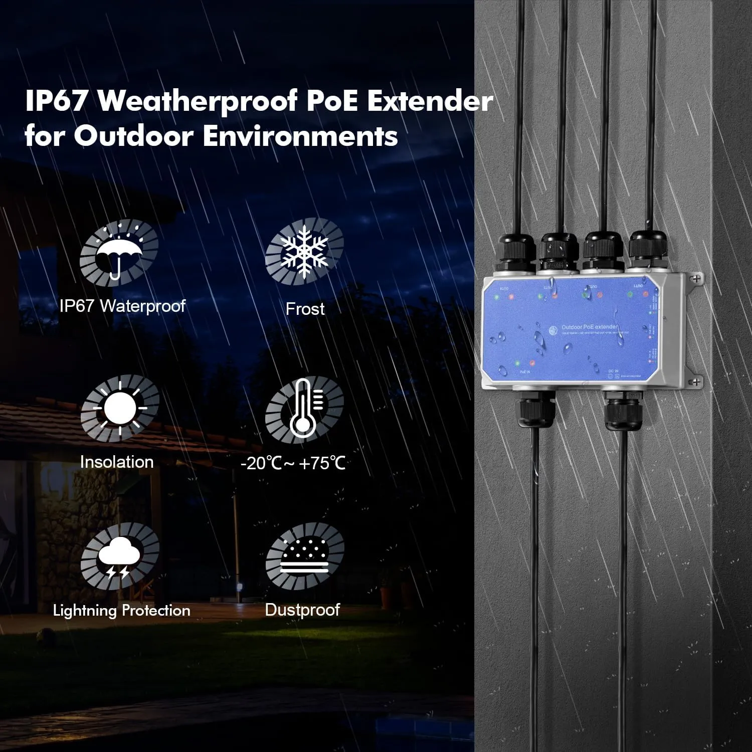 Binardat IP67 Outdoor Gigabit PoE Passthrough Switch, 1 PoE in 4 PoE Out Extender, IEEE802.3af/at/bt PoE Powered 90W, 10/100/1000Mbps Ethernet, Metal Wall Mount Waterproof Plug and Play
