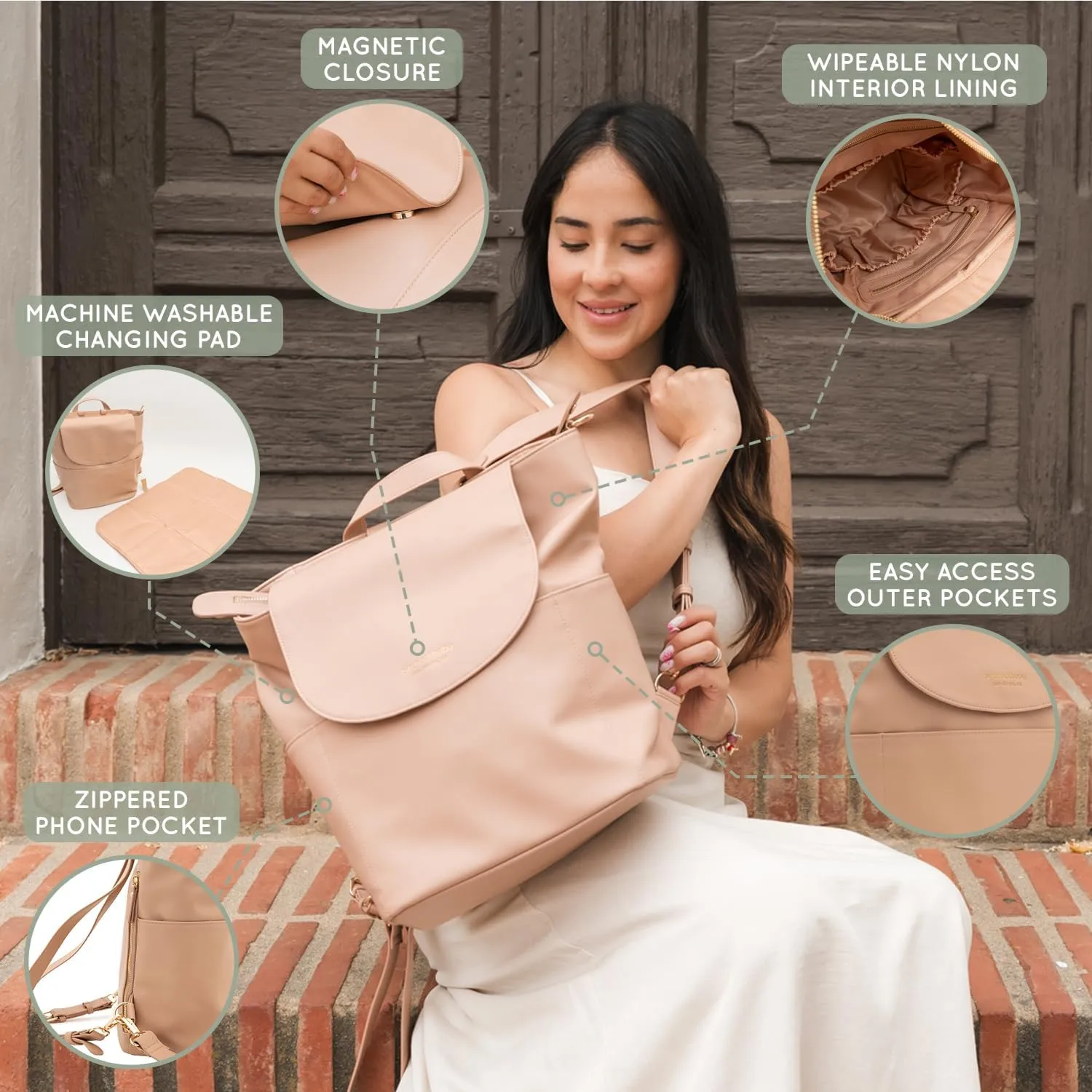 BirdRock Baby Seaside Diaper Bag Backpack - Stylish Vegan Leather, Large Capacity Travel Diaper Bag for Women (Dusty Rose)