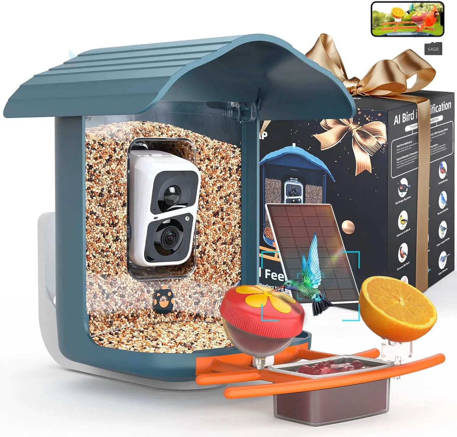birdsnap® PAV- Smart Bird Feeder with Camera Solar Powered, 64GB Card & 2K HD Record Video Bird Camera Live with 5 DIY Add-ons, AI Identify Auto Capture, Ideal Gift for Birds Lover