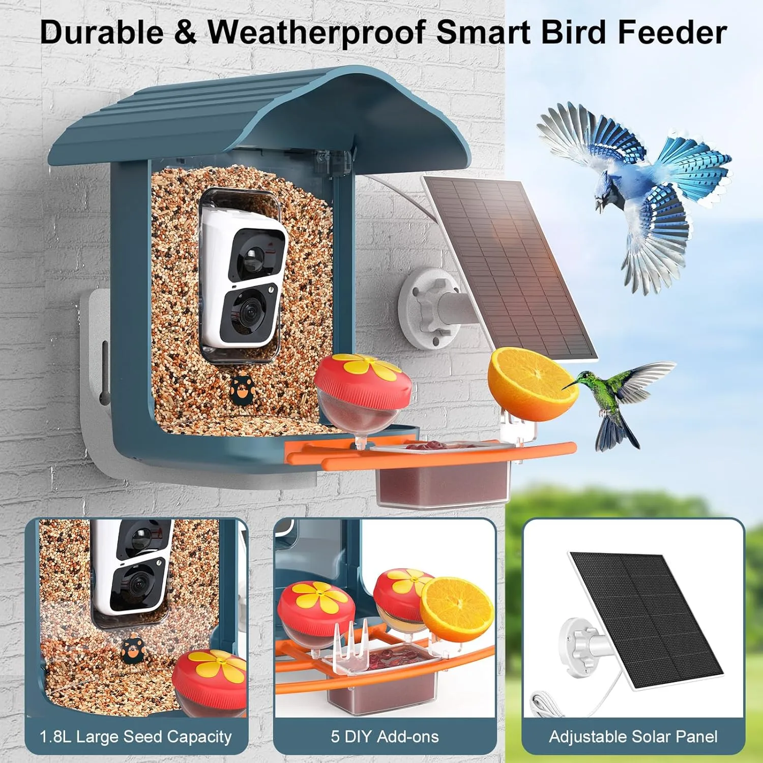birdsnap® PAV- Smart Bird Feeder with Camera Solar Powered, 64GB Card & 2K HD Record Video Bird Camera Live with 5 DIY Add-ons, AI Identify Auto Capture, Ideal Gift for Birds Lover