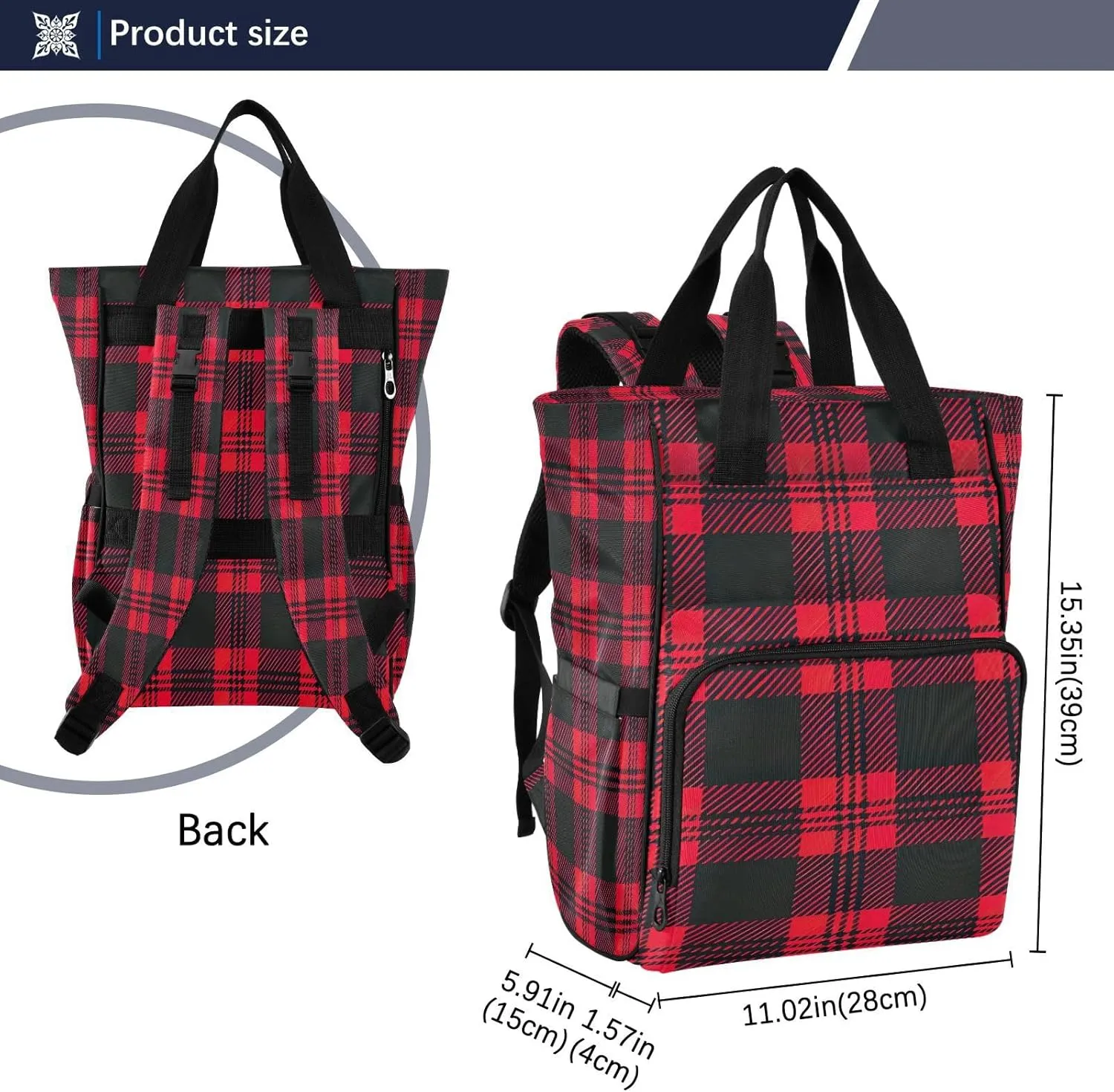Black and Red Checkered Pattern Diaper Bag Backpack, Mommy Bag, Multifunctional Diaper Bag, Travel Backpack, Large Capacity Diaper Bag