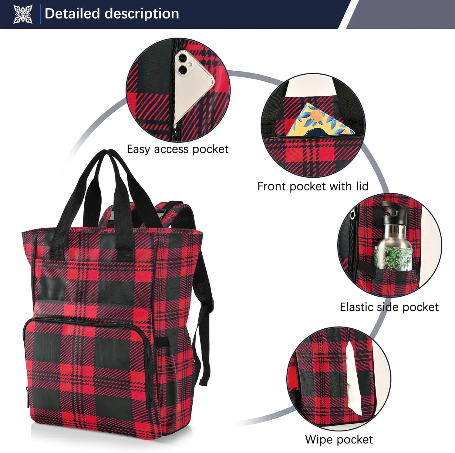 Black and Red Checkered Pattern Diaper Bag Backpack, Mommy Bag, Multifunctional Diaper Bag, Travel Backpack, Large Capacity Diaper Bag