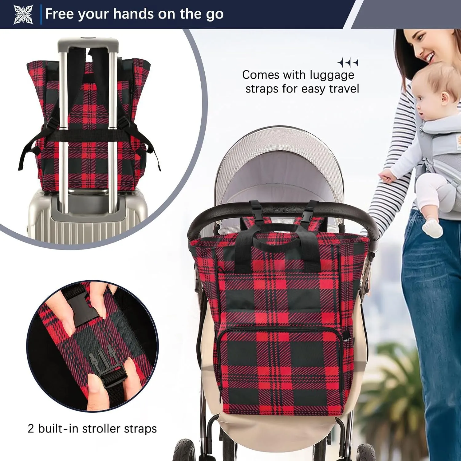 Black and Red Checkered Pattern Diaper Bag Backpack, Mommy Bag, Multifunctional Diaper Bag, Travel Backpack, Large Capacity Diaper Bag
