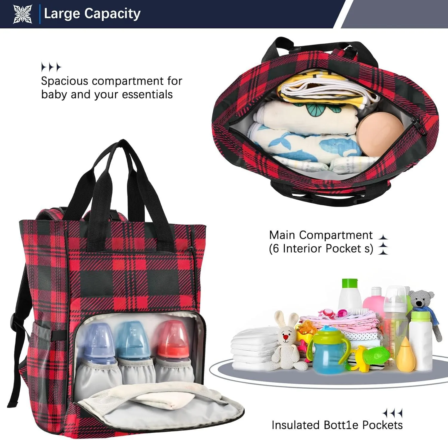 Black and Red Checkered Pattern Diaper Bag Backpack, Mommy Bag, Multifunctional Diaper Bag, Travel Backpack, Large Capacity Diaper Bag