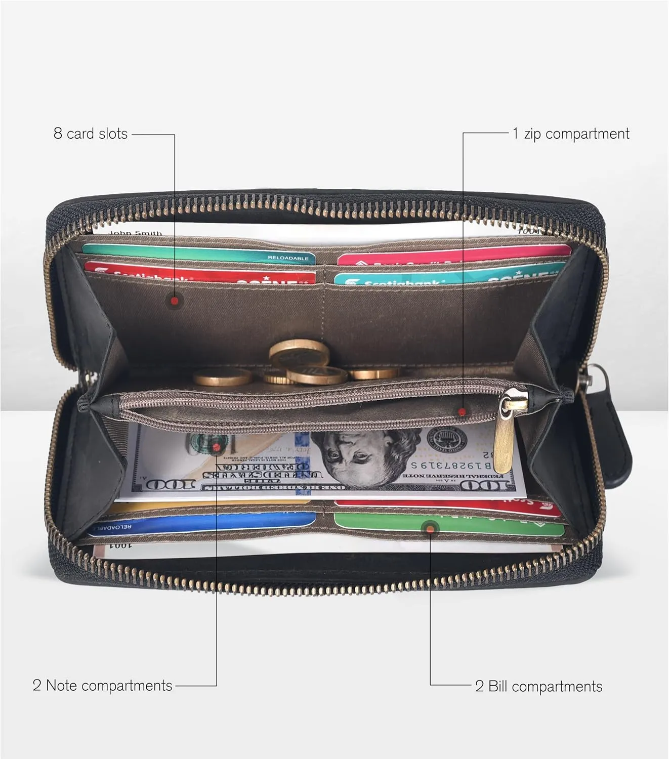 Black Leather Wallet for Women - RFID Womens Wallet Clutch with 8 Credit Card Holder, Coin Pocket, Gift for Women’s