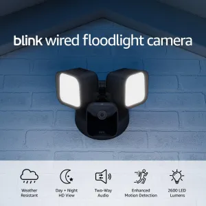 Blink Wired Floodlight Camera - Smart security camera, 2600 lumens, HD live view, enhanced motion detection, built-in siren, Works with Alexa – 1 camera (Black)